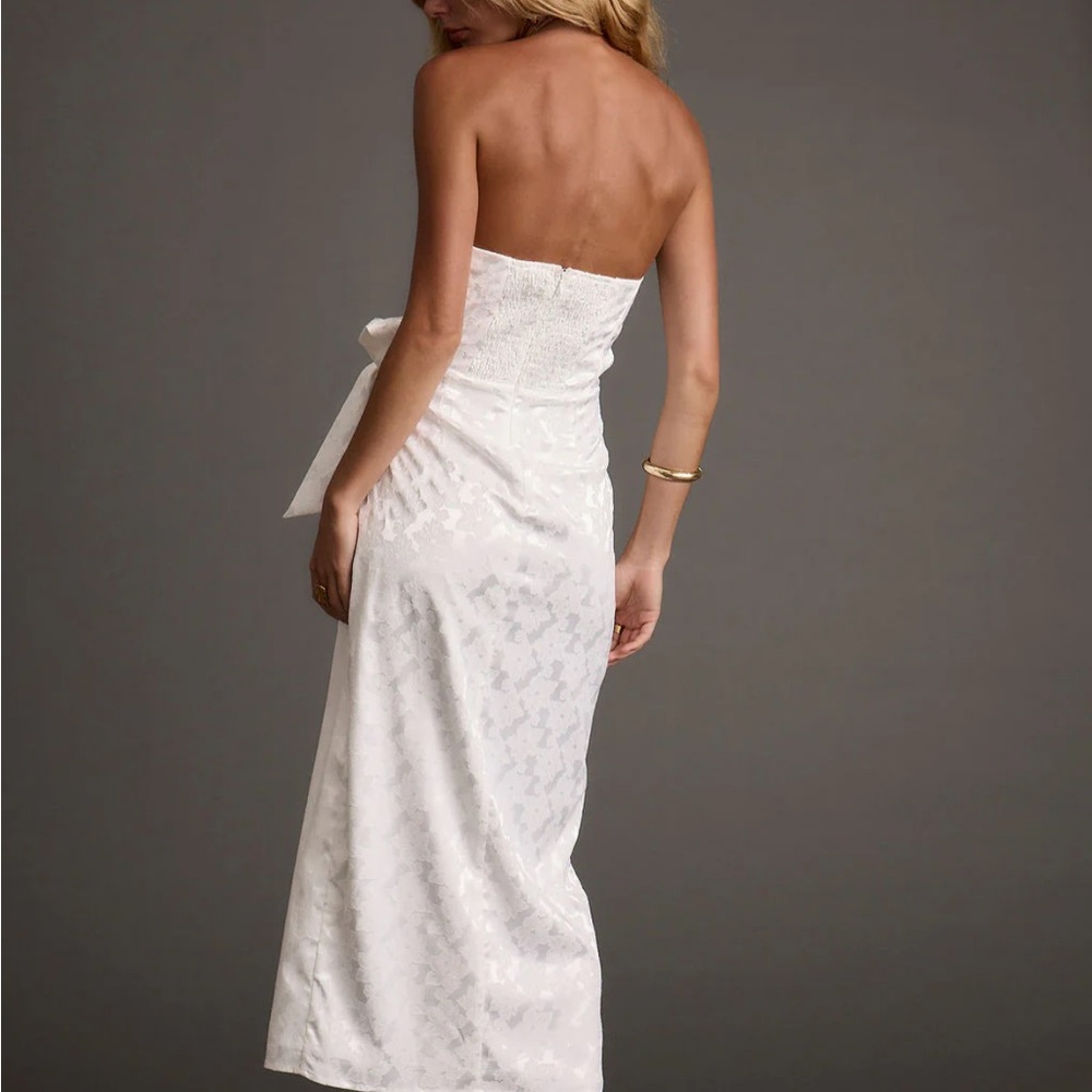 Strapless White Jacquard Midi Dress with Side Bow - Picture 6 of 7